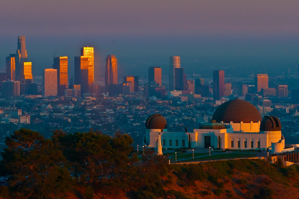 Griffith Observatory with the Los Angeles skyline in the distance